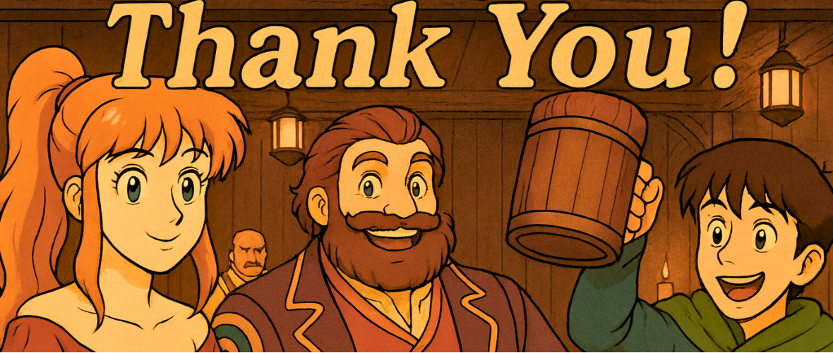 Cartoon characters in a pub setting with 'Thank You!' text